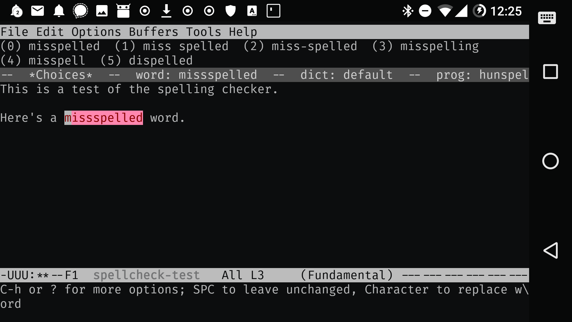 Emacs under Termux running a spell check on my document using hunspell.