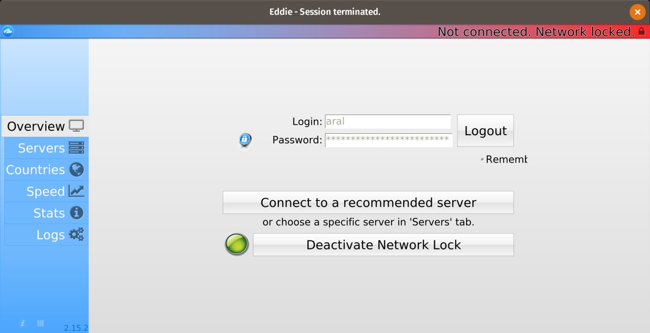 The interface of Eddie, the AirVPN client for GNU/Linux