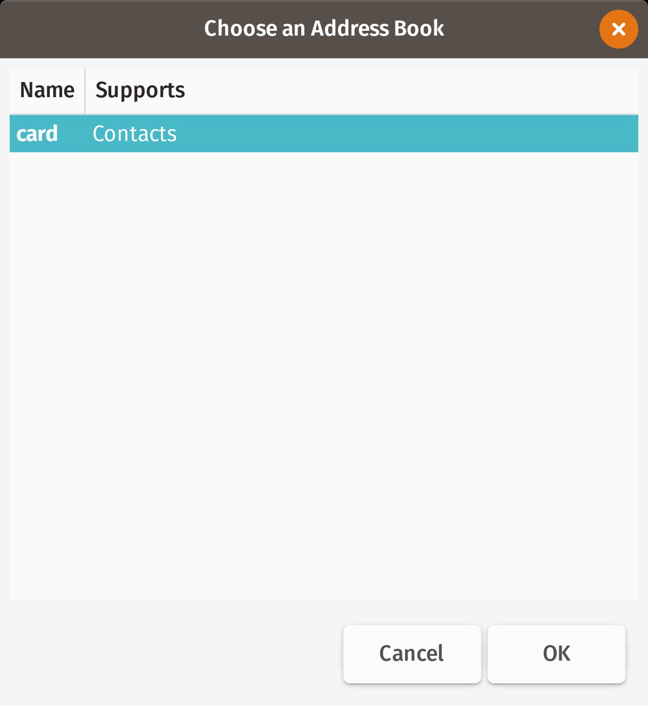 Screenshot of the Choose an Address Book window. There is only one address book shown in the table and it is selected: Name: card, Supports: Contacts. At the bottom of the dialog are two buttons: Cancel and OK.