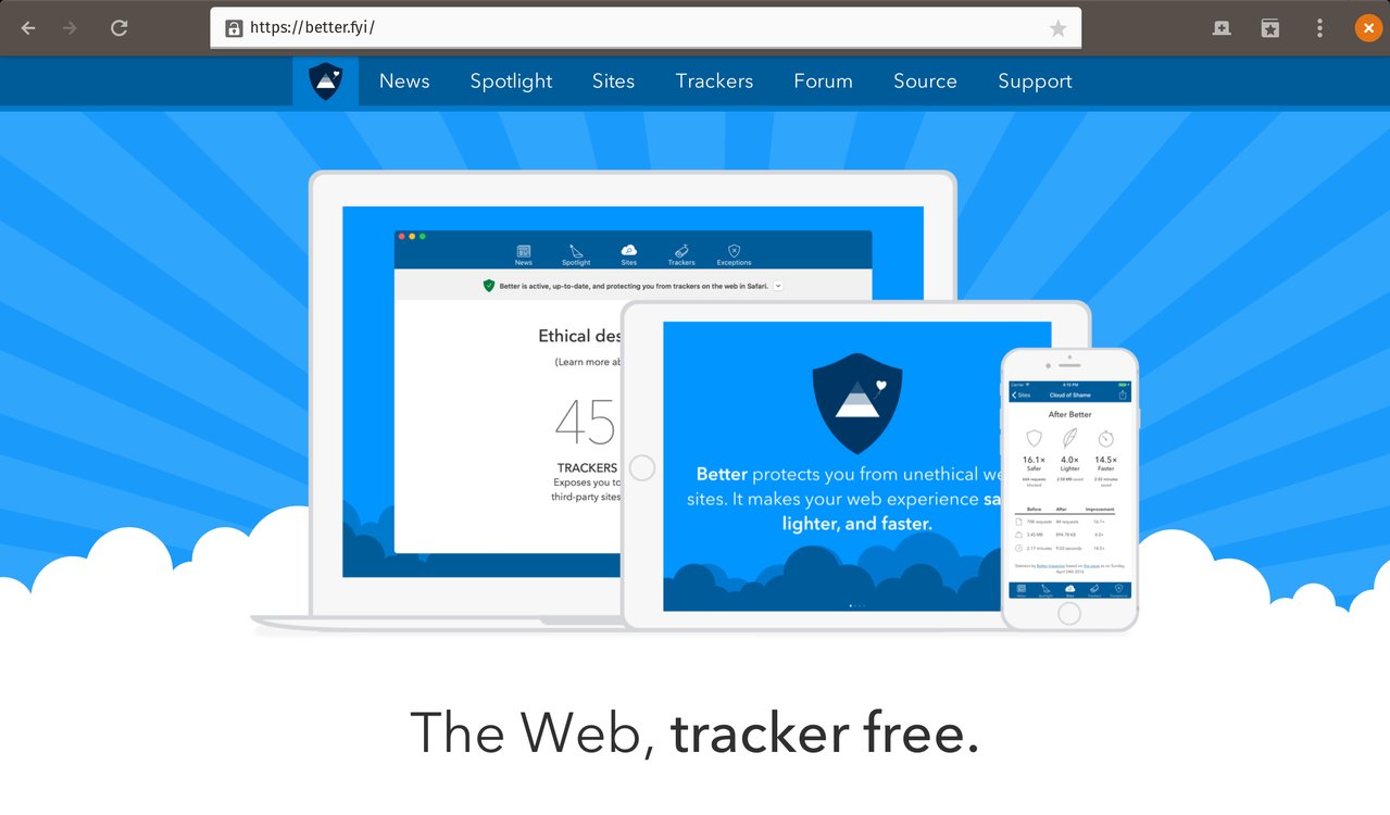 Screenshot of the Better Blocker Website with a header showing a blue sky with sunbeam and white clouds, in front of which Better is shown running on Mac, iPad, and iPhone. The headline reads: “The web, tracker free.”