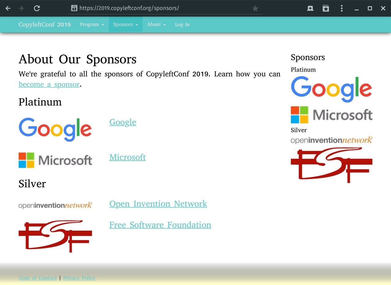The sponsors page of CopyLeftConf: Google, Microsoft, and FSF are among the sponsors