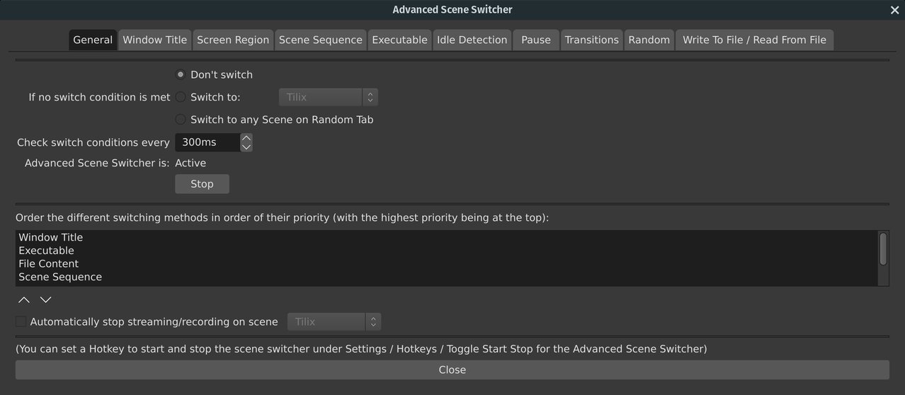 Screenshot of Advanced Scene Switcher plugin dialog on the General tab showing the order of the different switching methods.
